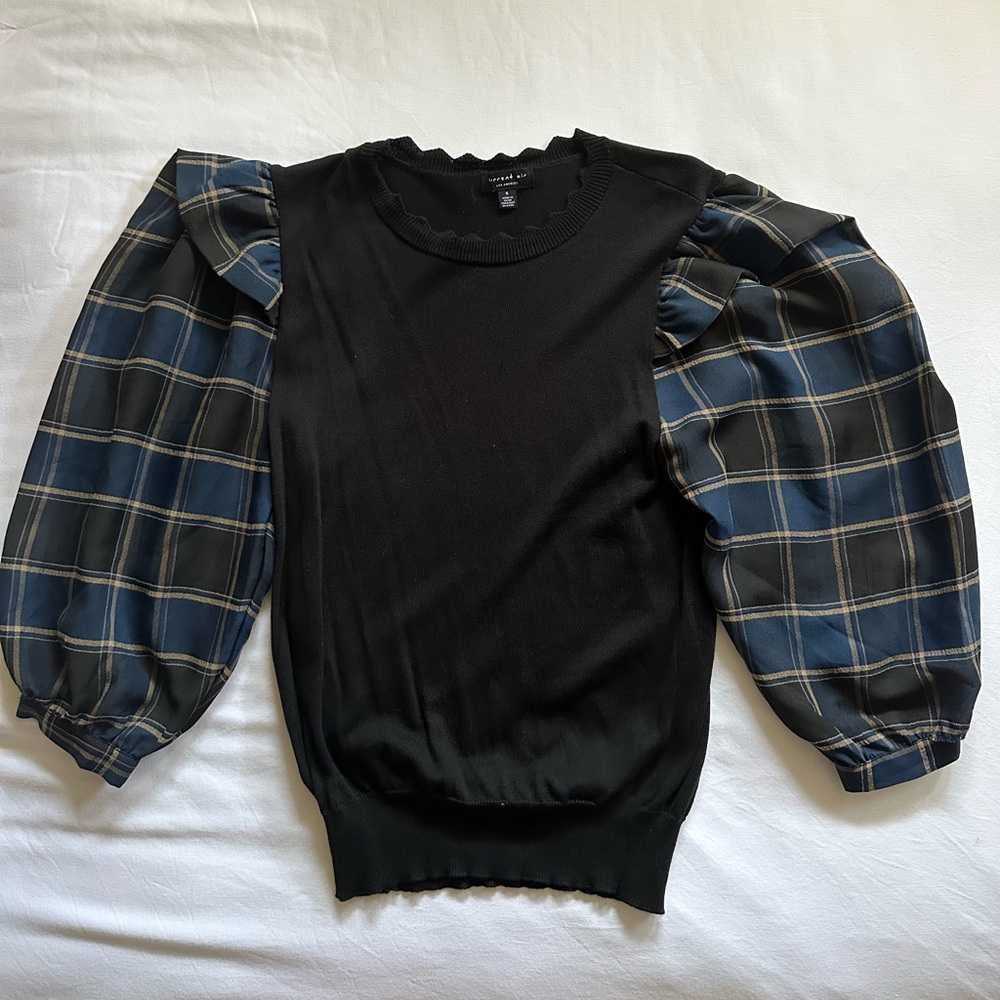 Black sweater with blue plaid sleeves size small